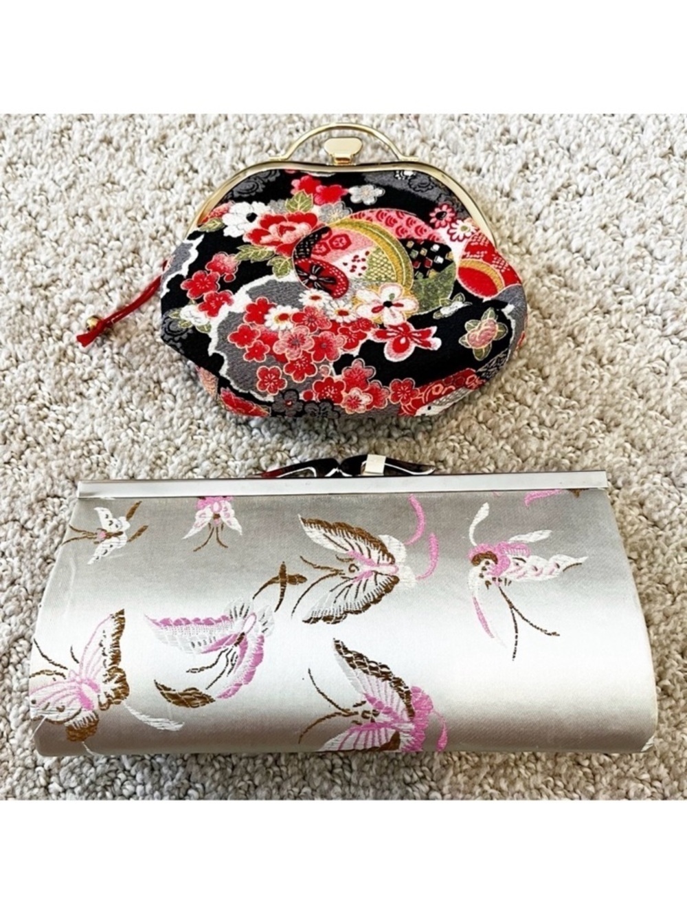 Japanese / Asian Inspired Wallet Butterflies Red Black Silver Coin Purse Set 2x
